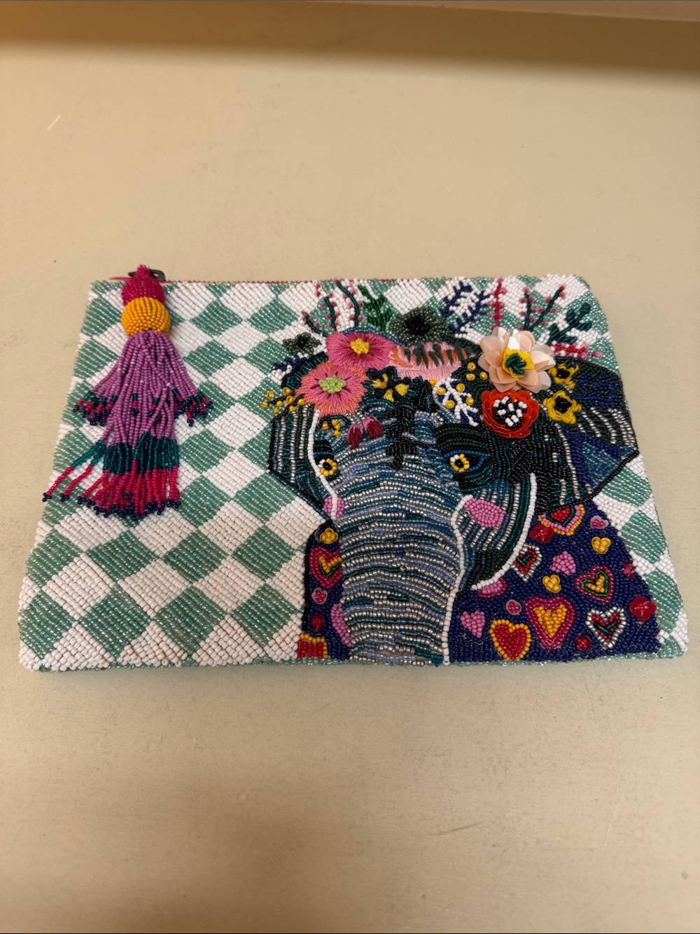 Anthropologie Beaded Elephant Clutch with Tassel, NWOT